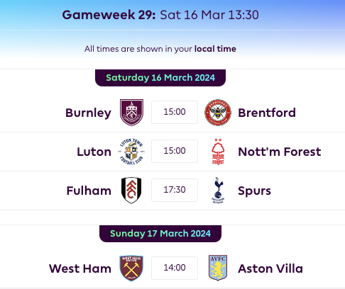 FPL BGW29 Fixtures